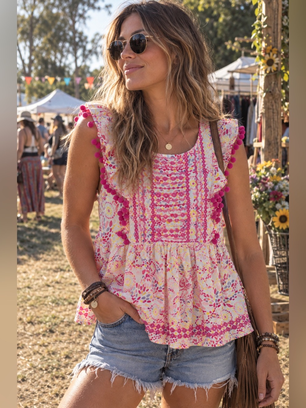SAVANNA JANE Top Medium Blouse Colorful Pom Pom Trim EMBROIDERED Summer BOHO